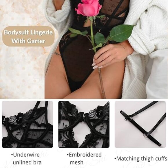 Kaei&Shi Black Floral Underwire Removable Garter Thigh Straps Bodysuit Small - Picture 4 of 8